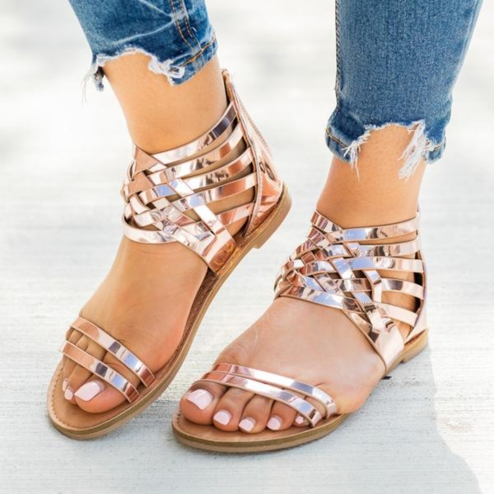 Rose Pink Metallic Strappy Gladiator Sandals Metallic Sandals - Picture 1 of 8